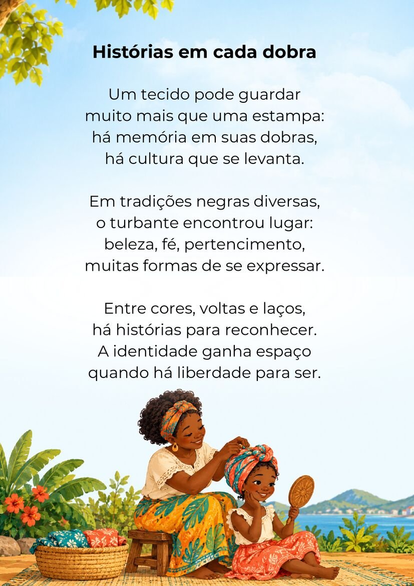 Poema Histórias em cada dobra, com uma mulher negra ajeitando o turbante de uma criança que segura um espelho.